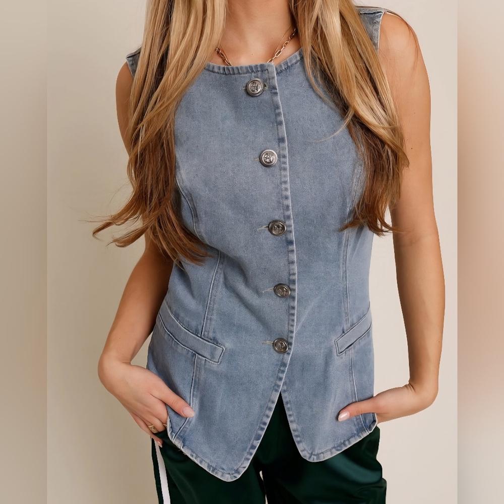 Flying Tomato Light Blue Denim Vest